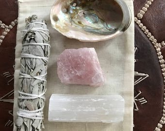 Smudge kit- LOVE bundle , sage, abalone shell, rose quartz crystal, palo santo stick, selenite stick,