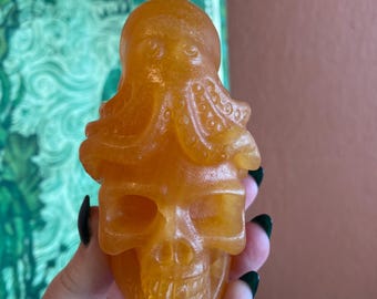 Honey Calcite Skull with Octopus