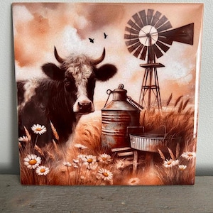 Keramische tegel boerderij koe, keukenachterwand, rustieke muurkunst