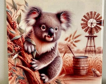 May include: A brown and white koala bear sitting on a tree branch with red berries. The koala is looking to the left of the image. There is a windmill and a wooden bucket in the background.