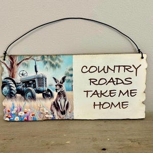 Country Roads  Sign, Unique Kangaroo Sign, Rustic Wall Plaque, Farmhouse sign, Kangaroo door hanger, Australian Souvenir, Kangaroo sign,