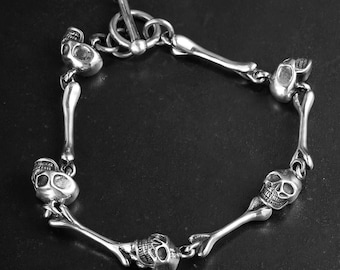 Skull skeleton couple&#39;s bracelet 925 Sterling Silver handmade American retro heavy metal biker dark punk good idea fridend gift for couple