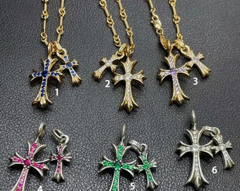 Gothic Double Cross Inlay Morganite silver plated with 22K gold Pendant Necklace set 925 Sterling Silver Handmade Punk good Gift For Couples