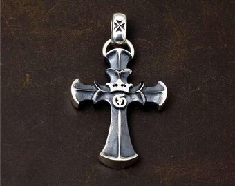 Crown Cross Gothic Charm Men&#39;s Amulet pendant 925 sterling silver handmade biker American retro punk good idea couple gift for men women