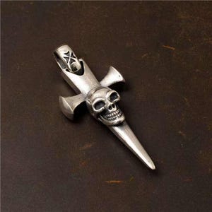 Gothic Classic skull Cross Sword Charm Men&#39;s Amulet large pendant 925 sterling silver handmade vintage biker punk good idea gift for couple