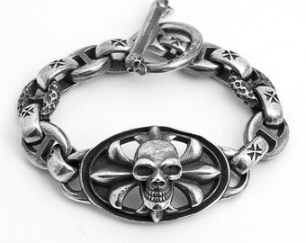 Surface Crater Classic Cross Smile skull oval tag large men bracelet 925 sterling silver handmade American retro heavy biker punk gothic B27