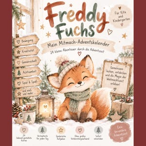Puede incluir: Una portada de libro titulada Freddy Fuchs Mein Mitmach-Adventskalender con la ilustración de un zorro con gorro y bufanda de punto. La imagen incluye un farol, un letrero de madera y texto sobre 24 pequeñas aventuras navideñas.