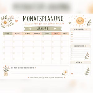May include: A monthly planner sheet titled MONATSPLANUNG JANUAR with a grid for days of the week, sections for goals, appointments, and notes. It features illustrations of a smiling sun, daisies, and small hearts on a white background.