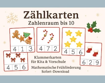 Può includere: Schede di conteggio a tema natalizio per l'educazione precoce, con illustrazioni di omini di pan di zenzero, stelle, bastoncini di zucchero, fiocchi e calzini. Le schede mostrano numeri e il testo "Zählkarten Zahlenraum bis 10".