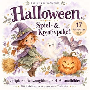 Könnte beinhalten: Ein Halloween-Aktivitätsbuch-Cover mit dem Titel Halloween Spiel- & Kreativpaket, das eine junge Hexe auf einem Besen, ein Gespenst, eine Fledermaus und einen Kürbis zeigt. Der Text umfasst Für Kita & Vorschule, 17 A4-Seiten und 5 Spiele • Schwungübung • 4 Ausmalbilder.