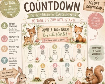 Contagem regressiva para o Jardim de Infância com Animais da Floresta – 10 dias para o início do jardim de infância | Contagem regressiva para marcar como concluída | Adaptação à creche e ao jardim de infância | Download em PDF