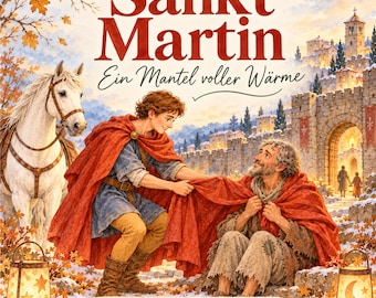 Könnte beinhalten: Ein Buchcover mit dem Titel Sankt Martin Ein Mantel voller Wärme zeigt eine Person in einem roten Umhang, die diesen mit einer sitzenden Person teilt. Ein weißes Pferd und eine Burg sind zu sehen. Enthält 8 Erzählbilder + Vorlesetext.