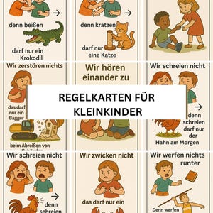 May include: A set of nine illustrated cards with German text, designed for young children. Each card depicts a rule, such as "We don't bite" or "We help each other," accompanied by related images of animals and children.