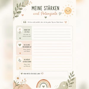 May include: A printed worksheet titled MEINE ST&Auml;RKEN und Potenziale with sections for personal goals, achievements, and talents. The design features a sun, a rainbow, and floral illustrations in muted green, peach, and brown tones on a white background.