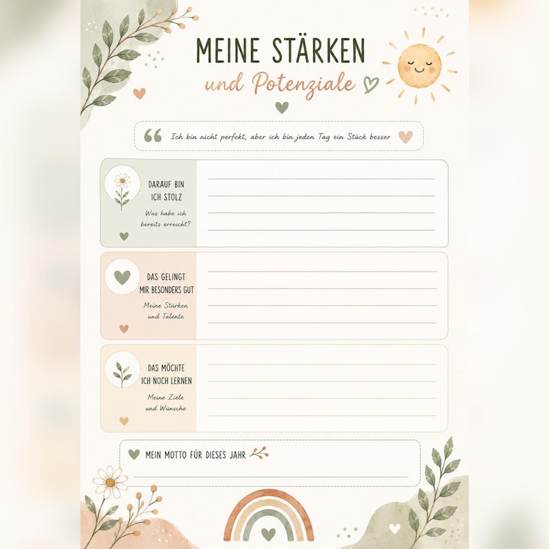 May include: A printed worksheet titled MEINE ST&Auml;RKEN und Potenziale with sections for personal goals, achievements, and talents. The design features a sun, a rainbow, and floral illustrations in muted green, peach, and brown tones on a white background.
