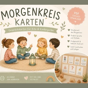 Könnte beinhalten: Ein illustriertes Kartenset für den Morgenkreis im Kindergarten. Das Bild zeigt vier Kinder im Kreis, mit einer Laterne in der Mitte. Der Text enthält "MORGENKREIS KARTEN" und "PDF SOFORT DOWNLOAD".