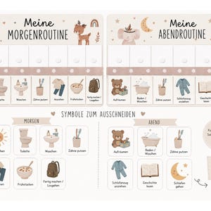 Pode incluir: Um gráfico de rotina diária para crianças com seções da manhã e da noite. O gráfico apresenta ilustrações de atividades como escovar os dentes e vestir-se, com o texto "Meine Morgenroutine" e "Meine Abendroutine".