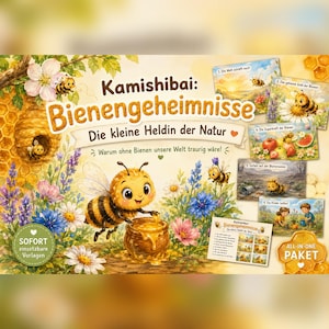 以下が含まれることがあります： Kamishibaiストーリーテリングセット「Bienengeheimnisse Die kleine Heldin der Natur」は、ハチミツの壺を持った漫画のハチのイラストを中心に、花、巣箱、自然の中のハチを描いた小さなストーリーカードが周囲に配置されています。
