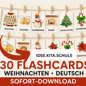 May include: A collection of 30 Christmas-themed flashcards, each featuring a watercolor illustration of holiday symbols like a Christmas tree, snowman, and stocking. The cards are displayed on a string with wooden clothespins, with German text.