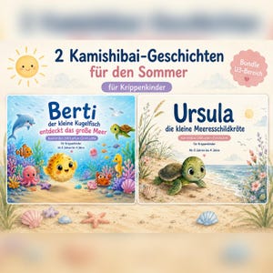 Könnte beinhalten: Ein Set aus zwei Kamishibai-Geschichten für den Sommer. Die erste Karte zeigt Berti den Kugelfisch in einer Unterwasserwelt mit Delfin, Krake und Krebs. Die zweite Karte zeigt Ursula die kleine Meeresschildkröte an einem Sandstrand.