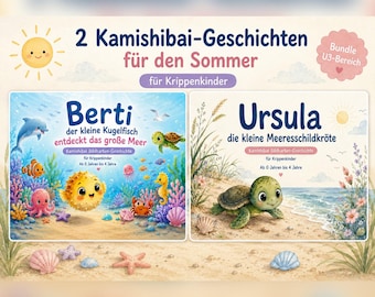 2 Kamishibai Geschichten Sommer Bundle U3 – Krippengeschichten Meer & Schildkröte für Kinder 0–4 Jahre