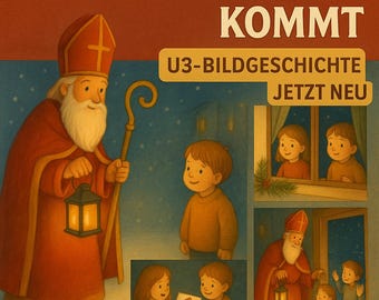 May include: Illustration of St. Nicholas in a red robe and hat, holding a lantern and staff, interacting with children. The image includes text that reads "DER NIKOLAUS KOMMT" and "U3-BILDGESCHICHTE JETZT NEU."