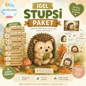 Könnte beinhalten: Ein digitales pädagogisches Aktivitätspaket mit dem Titel IGEL STUPSI PAKET, das einen Igel mit einem Blatt zeigt. Das Set enthält Karten für Fingerspiele, Klanggeschichten, Kamishibai und einen Stoffbeutel mit einem Igel-Aufdruck.