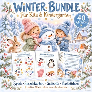 Pode incluir: Um pacote digital imprimível de inverno para pré-escola e jardim de infância com 40 páginas A4. A capa mostra duas crianças com gorros e cachecóis de inverno construindo um boneco de neve, com um coelho e um pisco-de-peito-ruivo na neve.