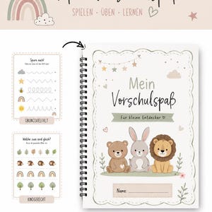 Peut inclure: Un cahier d'activités intitulé "Mein Vorschulspaß" avec les mots "SPIELEN ÜBEN LERNEN" au-dessus. La couverture présente une illustration d'ours, de lapin et de lion. Il contient des exercices de traçage et des jeux d'association.