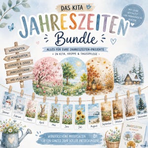 Può includere: Un pacchetto educativo digitale intitolato DAS KITA JAHRESZEITEN Bundle con illustrazioni ad acquerello delle quattro stagioni. Include dodici carte mensili con scene stagionali, un cartello in legno e un annaffiatoio con fiori.