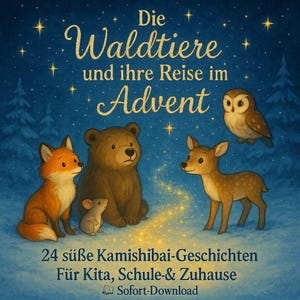 Könnte beinhalten: Eine digitale Illustration mit Waldtieren: Fuchs, Bär, Maus, Reh und Eule, vor einem sternenklaren Nachthimmel. Der Text lautet "Die Waldtiere und ihre Reise im Advent" und "24 süße Kamishibai-Geschichten Für Kita, Schule-& Zuhause".
