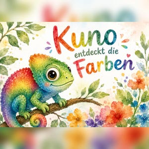 Op de afbeelding: Een aquarelillustratie van een regenboogkleurige kameleon op een boomtak, omringd door kleurrijke bloemen en groene bladeren. De tekst Kuno entdeckt die Farben staat in een veelkleurig, speels lettertype boven de kameleon geschreven.