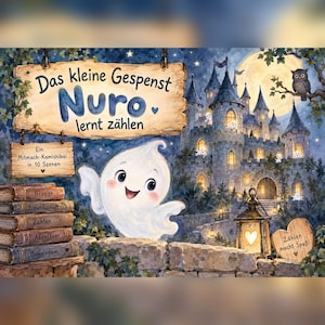 Puede incluir: Un set de narración Kamishibai titulado Das kleine Gespenst Nuro lernt zählen que muestra un fantasma blanco, un castillo de piedra bajo la luna llena, un búho y una pila de cinco libros etiquetados Neugier, Freundschaft, Zahlen, Abenteuer, Gemeinsam.