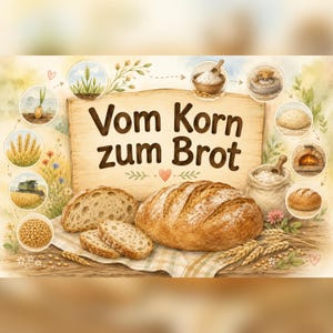 Könnte beinhalten: Eine Aquarellillustration mit dem Titel Vom Korn zum Brot, die einen zentralen Laib Brot und zwei Scheiben auf einem Tuch zeigt. Umgebende kreisförmige Vignetten stellen den landwirtschaftlichen Prozess vom Korn bis zum Backen dar.