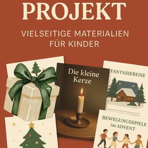 Może przedstawiać: Zbiór ilustrowanych kart i pudełko prezentowe z zieloną kokardą. Karty przedstawiają obrazy świecy, domu w zaśnieżonym lesie, dzieci trzymających się za ręce i choinki. Tekst zawiera "ADVENTS-PROJEKT" i "SOFORT-DOWNLOAD".