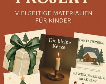 May include: An assortment of illustrated cards and a gift box with a green bow. The cards depict a candle, a house in a snowy forest, children holding hands, and a Christmas tree. Text includes "ADVENTS-PROJEKT" and "SOFORT-DOWNLOAD".