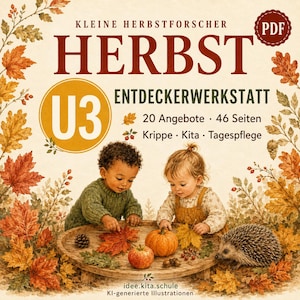 Könnte beinhalten: Ein digitales PDF-Dokument mit dem Titel KLEINE HERBSTFORSCHER HERBST ENTDECKERWERKSTATT U3, das zwei Kinder zeigt, die mit Herbstblättern, einem Kürbis, einem Apfel und einem Igel auf einem Holztablett spielen, umrahmt von herbstlichem Laub.