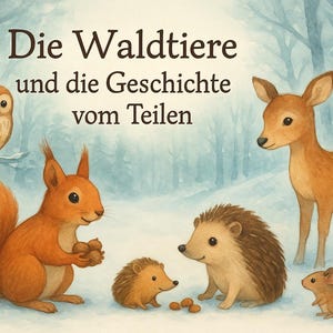 Puede incluir: Ilustración en acuarela con animales del bosque: un búho, una ardilla, un ciervo, un erizo y un ratón. El texto "Die Waldtiere und die Geschichte vom Teilen" está en la parte superior. Fondo de bosque nevado.