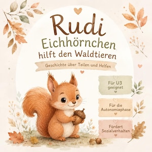Könnte beinhalten: Ein Kinderbuchcover mit dem Titel Rudi Eichhörnchen hilft den Waldtieren, das ein braunes Eichhörnchen mit einer Eichel zeigt. Der Hintergrund ist cremefarben mit Herbstblättern und Textfeldern mit den Aufschriften Für U3 geeignet, Für die Autonomiephase und Fördert Sozialverhalten.
