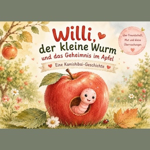 Könnte beinhalten: Ein Kinderbuchcover mit dem Titel Willi, der kleine Wurm und das Geheimnis im Apfel. Die Illustration zeigt einen großen roten Apfel mit einem lächelnden rosa Wurm, der aus einem Loch schaut, vor einem weichen Hintergrund mit Obstgarten und Blumen.