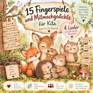 Puede incluir: Una portada de libro titulada 15 Fingerspiele und Mitmachgedichte für Kita con una ilustración en acuarela de un cervatillo, zorro, erizo, conejo, ratón y búho en un bosque. El texto incluye 4 Lieder mit bekannten Melodien y temas educativos.