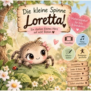 May include: A children's educational material packet titled Die kleine Spinne Loretta, featuring a fuzzy brown spider with a pink bow on a green leaf, a ladybug, and wooden signs listing contents like stories, songs, and creative ideas.