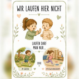 May include: A poster with the German text WIR LAUFEN HIER NICHT, LAUFEN DARF MAN NUR... IM GARTEN ODER IM BEWEGUNGSRAUM. It features illustrations of children, including a girl gesturing stop to a boy, a boy running in a garden, and a girl running indoors.