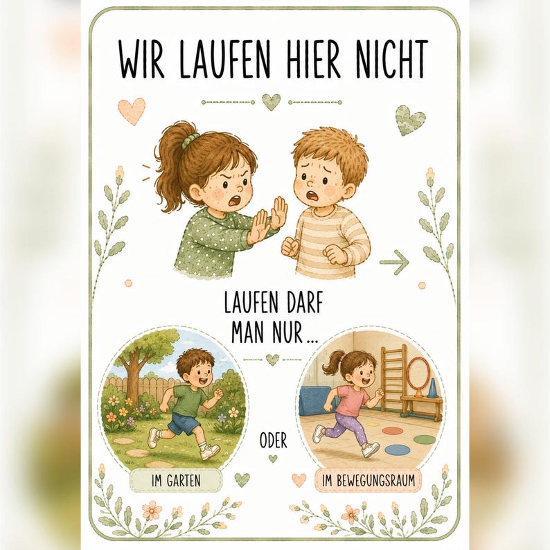 May include: A poster with the German text WIR LAUFEN HIER NICHT, LAUFEN DARF MAN NUR... IM GARTEN ODER IM BEWEGUNGSRAUM. It features illustrations of children, including a girl gesturing stop to a boy, a boy running in a garden, and a girl running indoors.