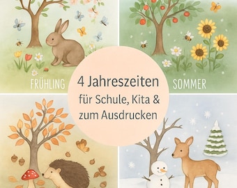 Seasonal Cards for Children | 4 Seasons Illustrations | Spring, Summer, Autumn, Winter | PDF Digital Download