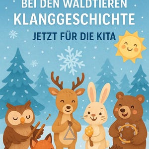 May include: A whimsical illustration featuring woodland animals playing musical instruments against a snowy backdrop. The image includes an owl, fox, deer, rabbit, bear, and hedgehog. Text at the top reads "WINTERZAUBER" and "JETZT FÜR DIE KITA".