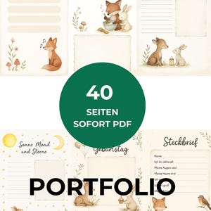 May include: A portfolio with a whimsical design featuring illustrations of woodland animals and floral accents. The cover includes the word "PORTFOLIO" in large, bold letters. The portfolio has pages with prompts and spaces for writing.