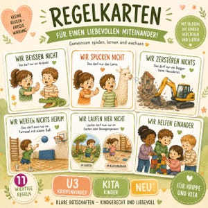 May include: A set of educational cards titled REGELKARTEN featuring six illustrated panels with German text. Each card depicts children in various scenarios, such as not biting, spitting, or throwing items, alongside positive behaviors like helping others, all in a soft, colorful, hand-drawn style.
