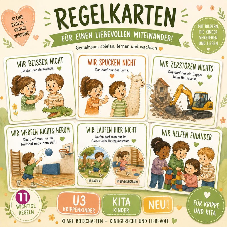 May include: A set of educational cards titled REGELKARTEN featuring six illustrated panels with German text. Each card depicts children in various scenarios, such as not biting, spitting, or throwing items, alongside positive behaviors like helping others, all in a soft, colorful, hand-drawn style.