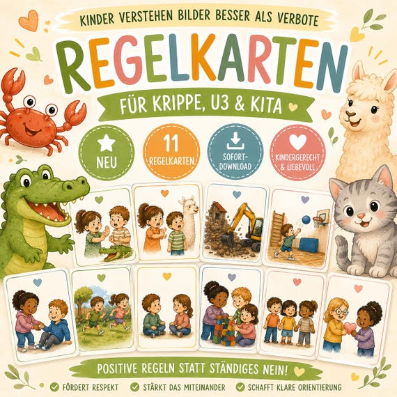 Regelkarten Kita & Krippe | 11 positive Verhaltensregeln | U3 Kindergarten PDF | Bildkarten für Morgenkreis | Sozialverhalten Kinder |sofort
